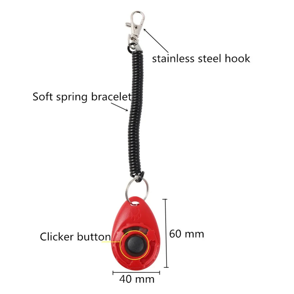 Red clicker with labeled features on a white background