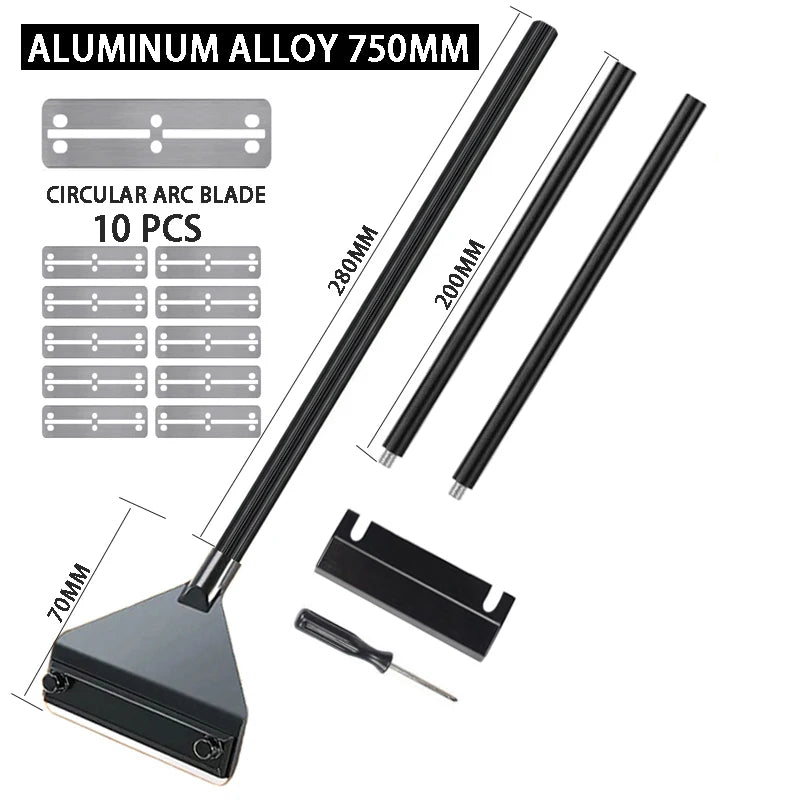 Set of aluminum alloy window cleaning tools with blades and measurement details on a white background