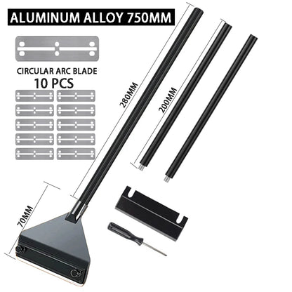 Set of aluminum alloy window cleaning tools with blades and measurement details on a white background