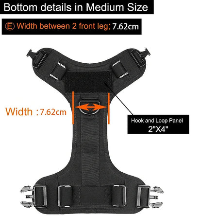 Black harness with measurements and details on a white background