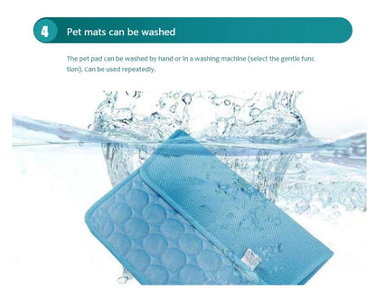 Blue pet mat with water splashes and text about washing options.