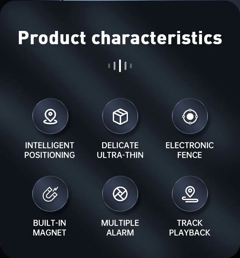 Product characteristics displayed on a dark background with icons and text.