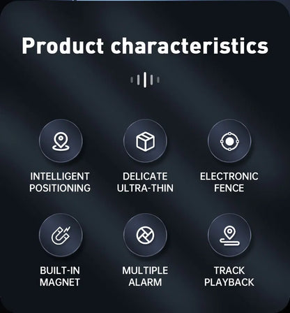 Product characteristics displayed on a dark background with icons and text.