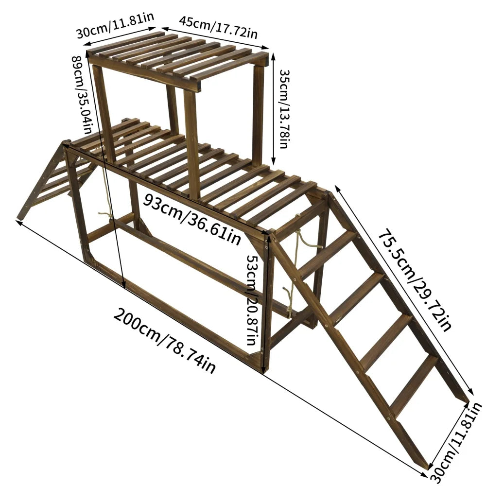 Wooden pet ramp with dimensions labeled on a white background