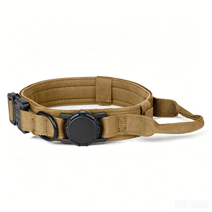A tan tactical belt with black plastic buckle and D-ring hardware, displayed on a clean white background.