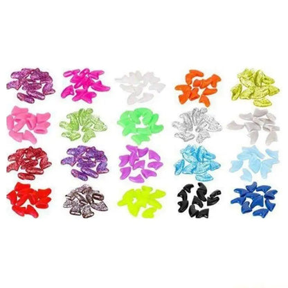 A set of small decorative hair clips or hair ties arranged in a grid on a white background, shown in multiple colors including pink, green, orange, yellow, white, silver, red, purple, black, and blue.