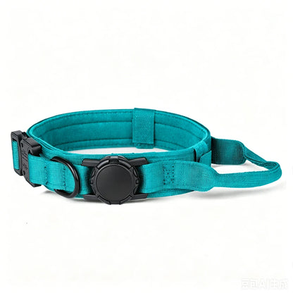 A teal tactical dog collar with black plastic hardware, a quick-release buckle, and a D-ring, shown on a plain white background.