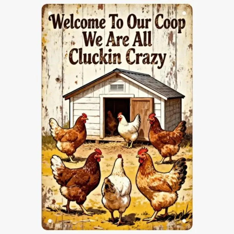 A rectangular metal tin sign with a rustic white-painted wood background, featuring the text 'Welcome To Our Coop We Are All Cluckin Crazy' above an illustration of several chickens around a small coop.