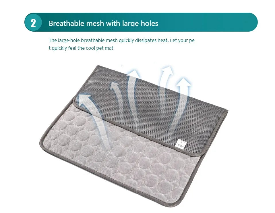 Gray pet mat with breathable mesh and text explaining its features on a white background