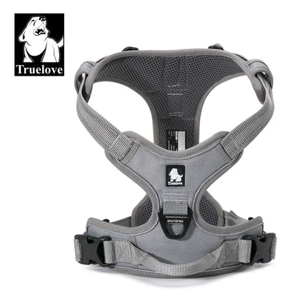Gray dog harness with 'Truelove' branding on a white background