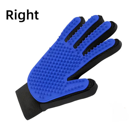 Blue grooming glove with black accents on a white background