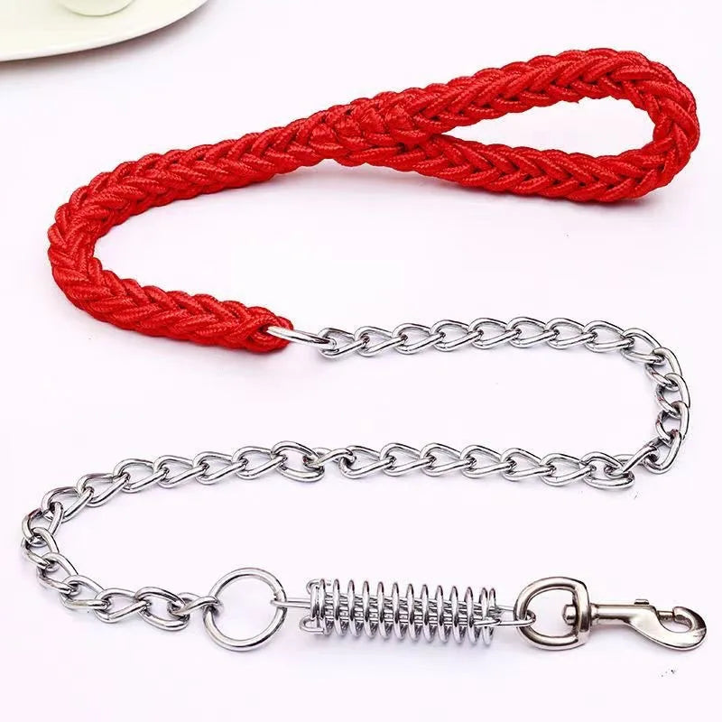 A red braided rope leash with a silver metal chain, spring, and clasp, displayed on a white background.