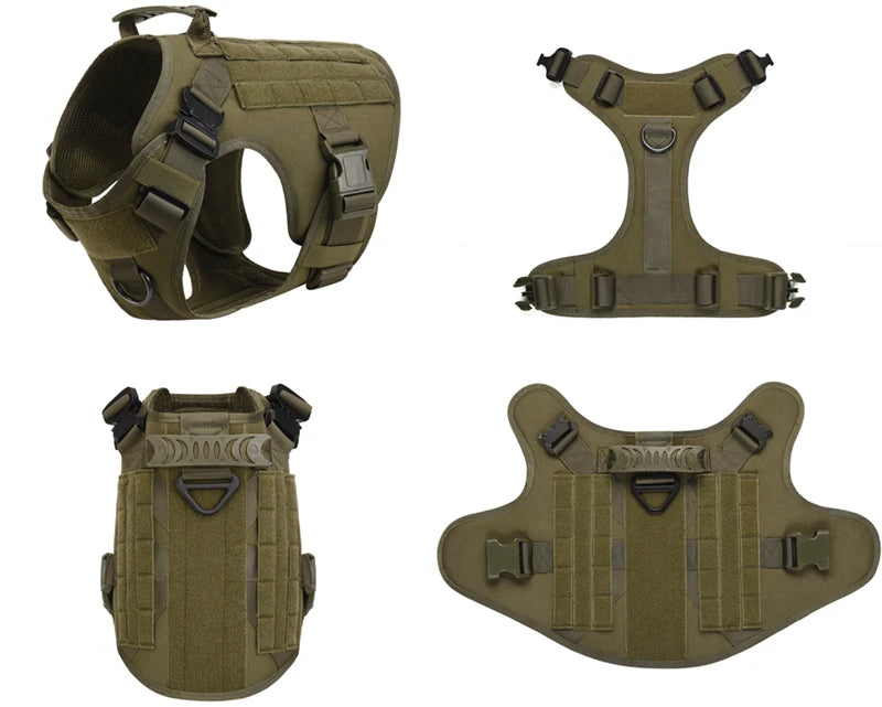 Olive green tactical dog harnesses shown from different angles on a white background