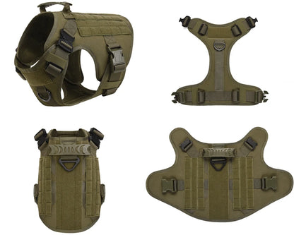 Olive green tactical dog harnesses shown from different angles on a white background