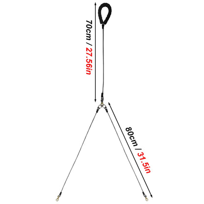 Measurement chart of a tripod with dimensions labeled in centimeters and inches.