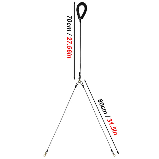 Measurement chart of a tripod with dimensions labeled in centimeters and inches.