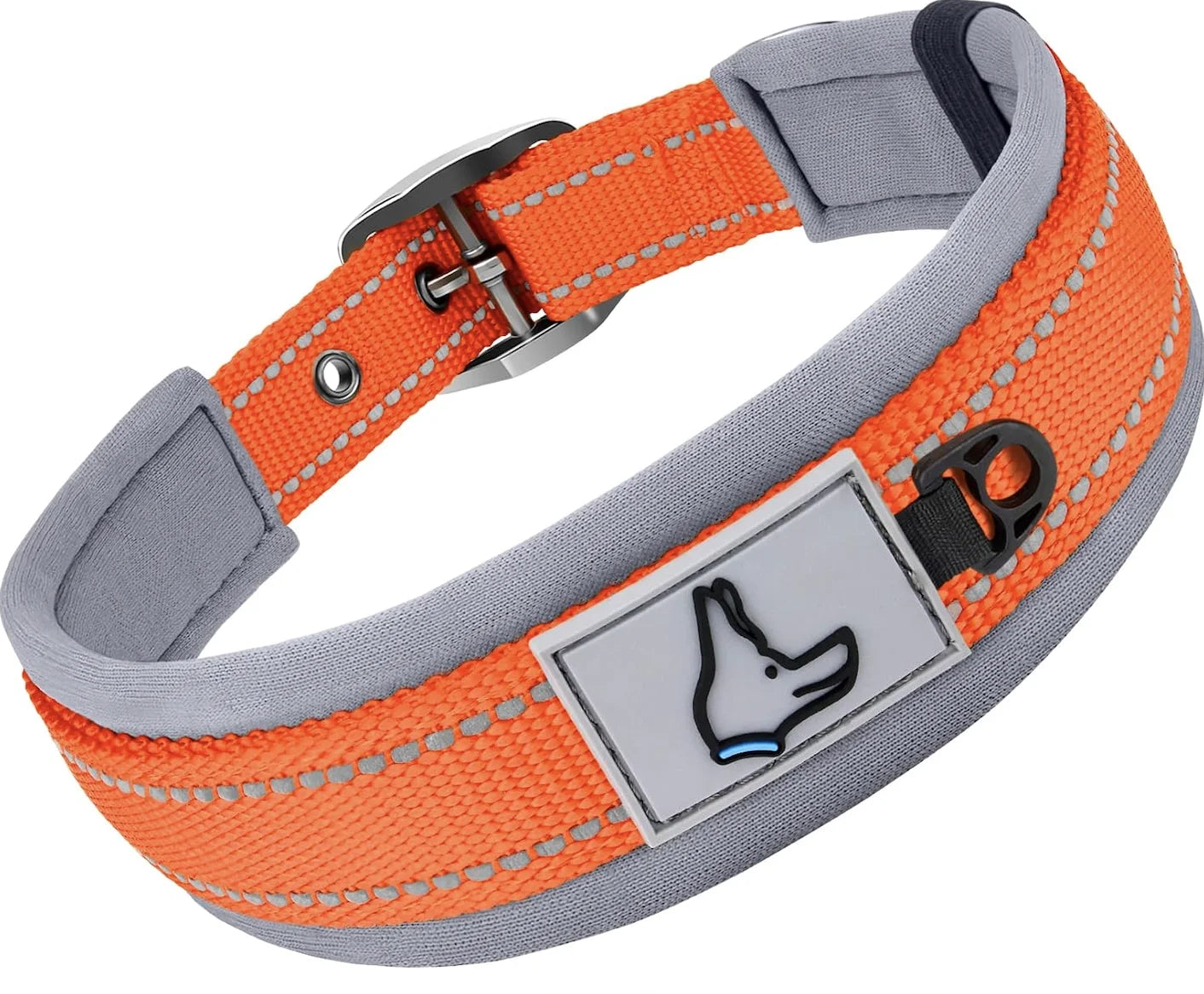 Orange and gray dog collar with a paw print label on a white background
