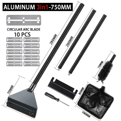 Aluminum 3-in-1 750mm arc welder cleaning tool kit with 10 pieces, including a triangular cleaning head, two adjustable rods, mounting bracket, wire brush, and screwdriver, shown with dimension labels on a white background.