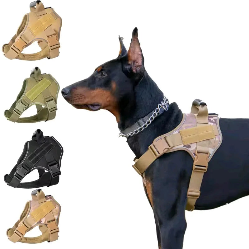 Dog wearing a tactical harness with multiple color options displayed.