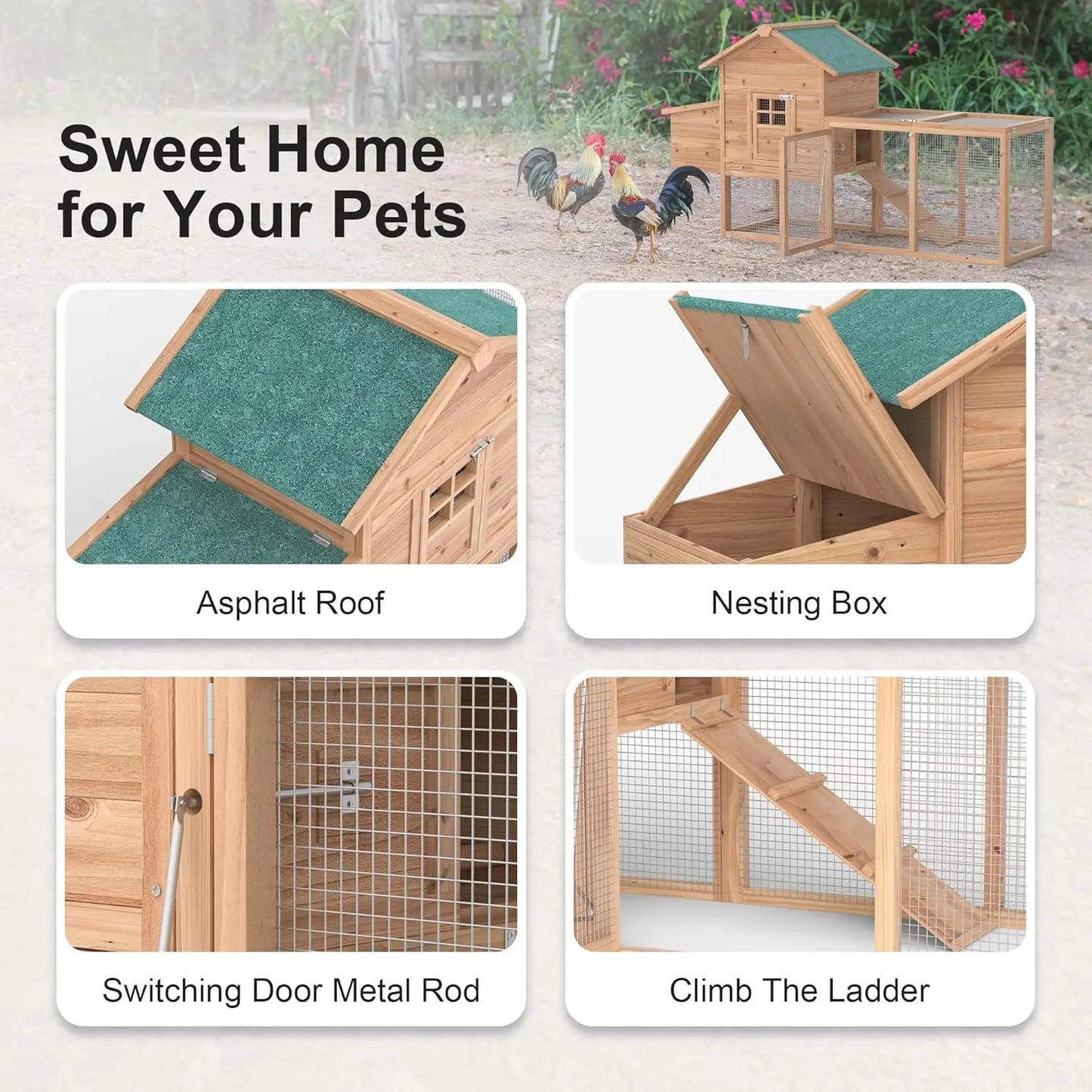 Wooden pet coop with features highlighted on a white background