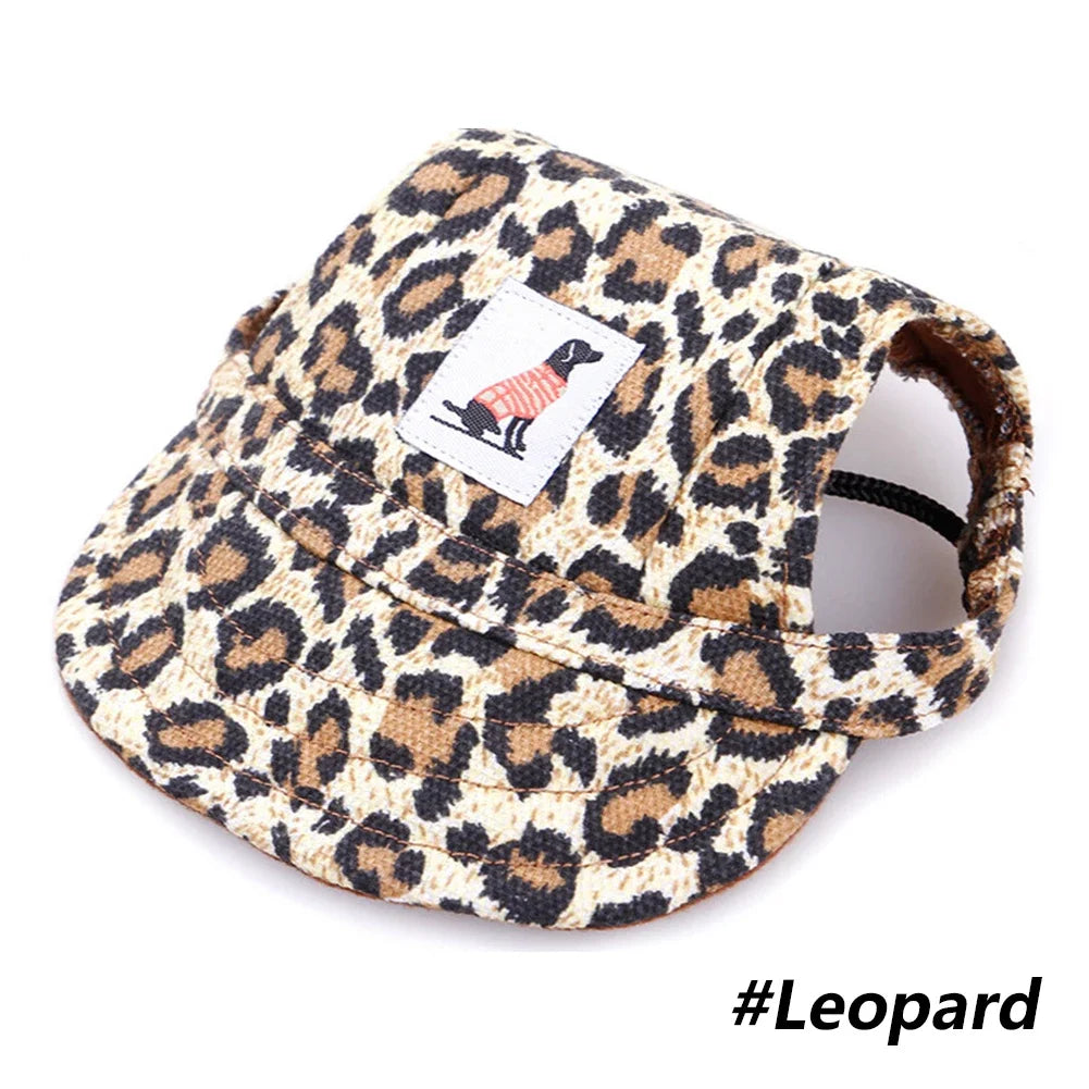 Leopard print cap with a brand label on a white background