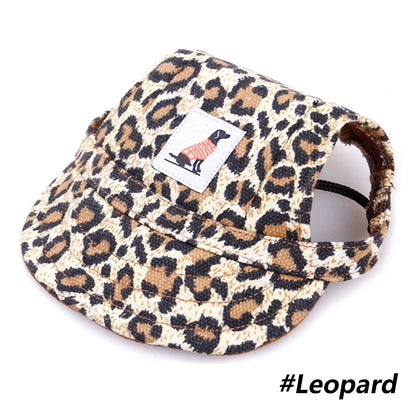 Leopard print cap with a brand label on a white background