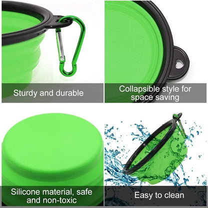 Collapsible green silicone water bottle with carabiner, shown in various angles with text describing features.