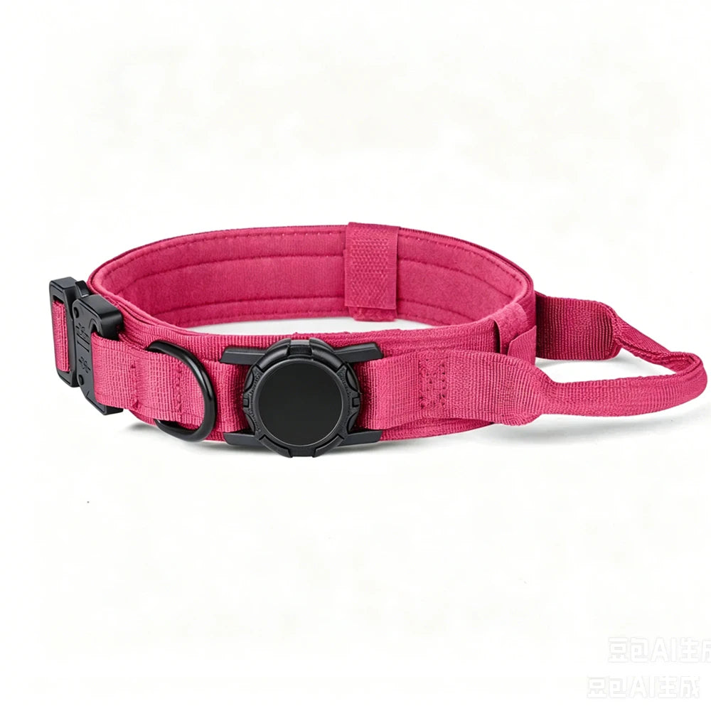 A pink tactical belt with black plastic hardware, including a quick-release buckle and a D-ring, displayed on a clean white background.
