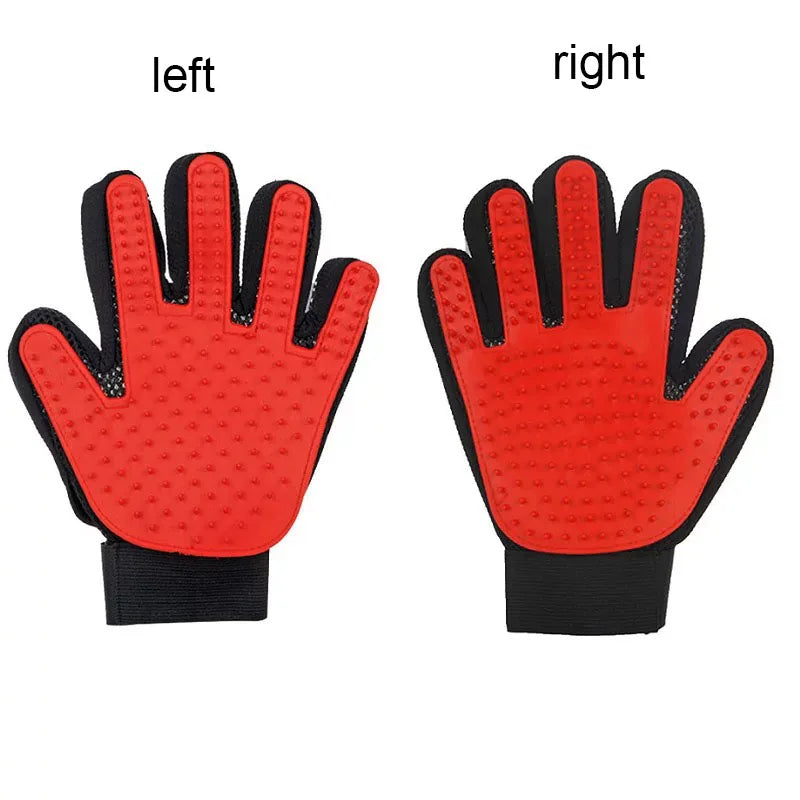 Red grooming gloves with black accents on a white background, labeled 'left' and 'right'.