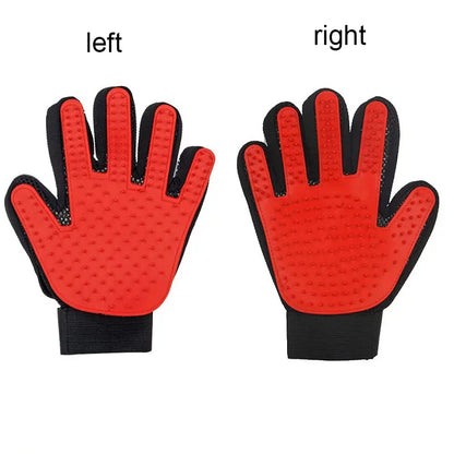 Red grooming gloves with black accents on a white background, labeled 'left' and 'right'.