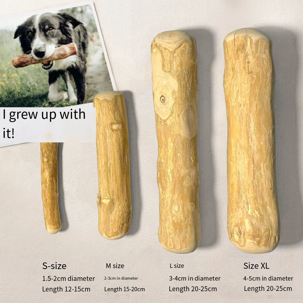 Dog chew toy with size chart on a gray background