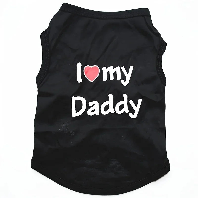 Black pet shirt with 'I love my Daddy' text on a white background