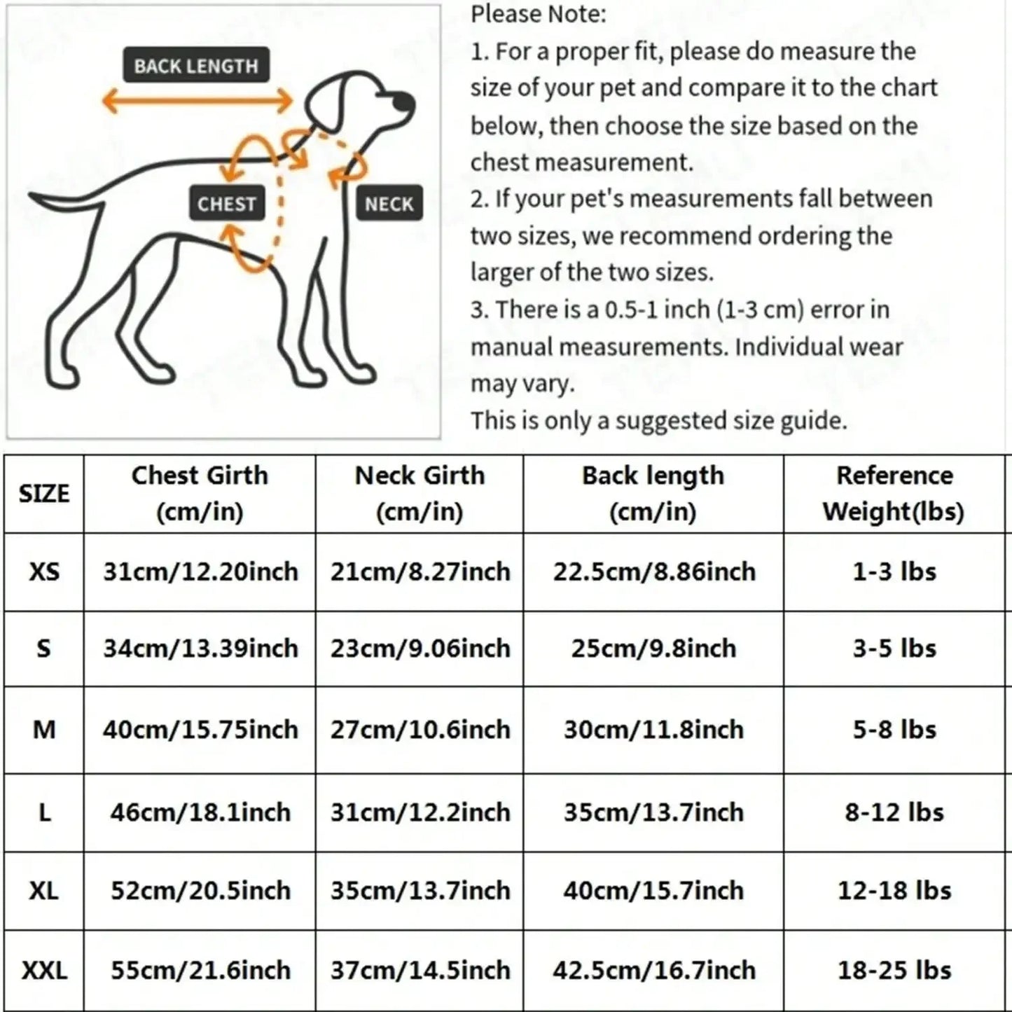 Dog harness size chart with measurements and weight recommendations