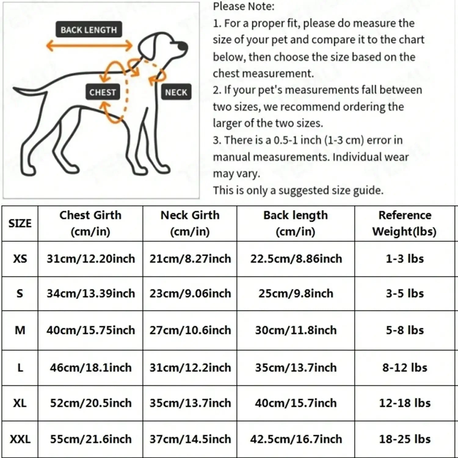 Dog harness size chart with measurements and weight recommendations