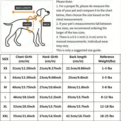 Dog harness size chart with measurements and weight recommendations