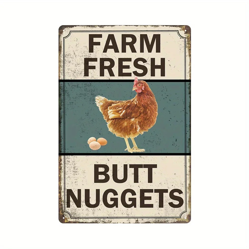 Vintage-style sign with a chicken and text 'Farm Fresh Butt Nuggets' on a white background