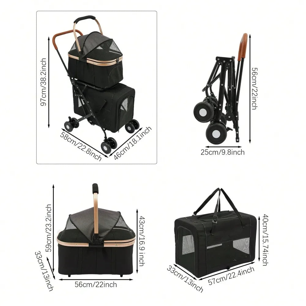 Pet Stroller W/ Detachable Bags And Lockable Wheels,