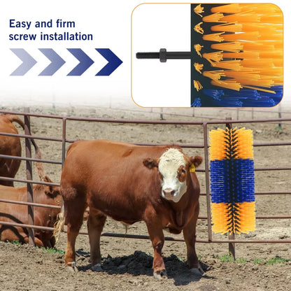 Cows in a pen with a close-up of a brush and screw, emphasizing easy installation.