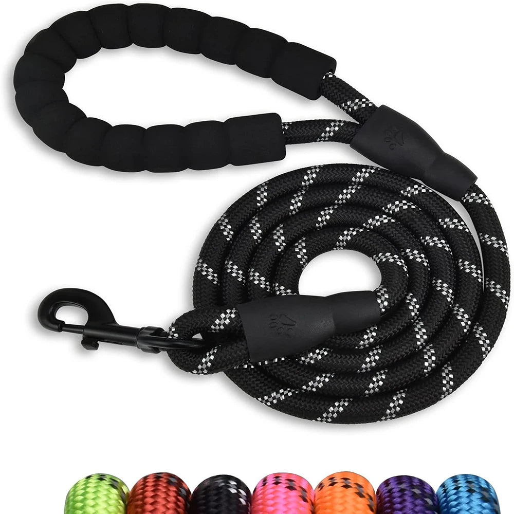 Black dog leash with reflective stripes on a white background