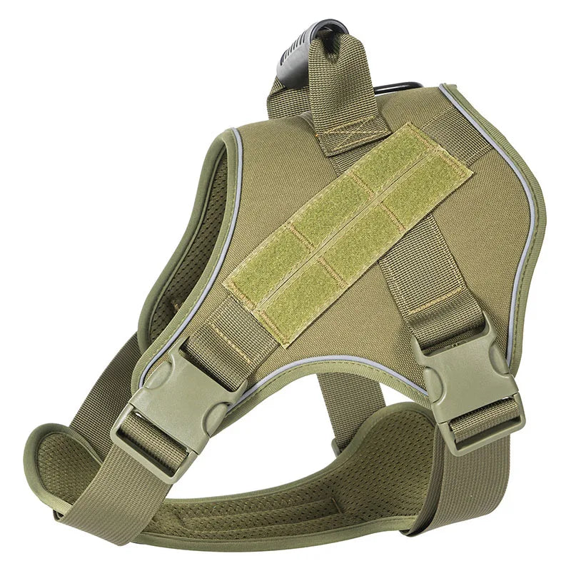 Olive green dog harness on a white background