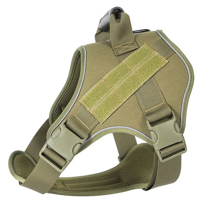 Olive green dog harness on a white background