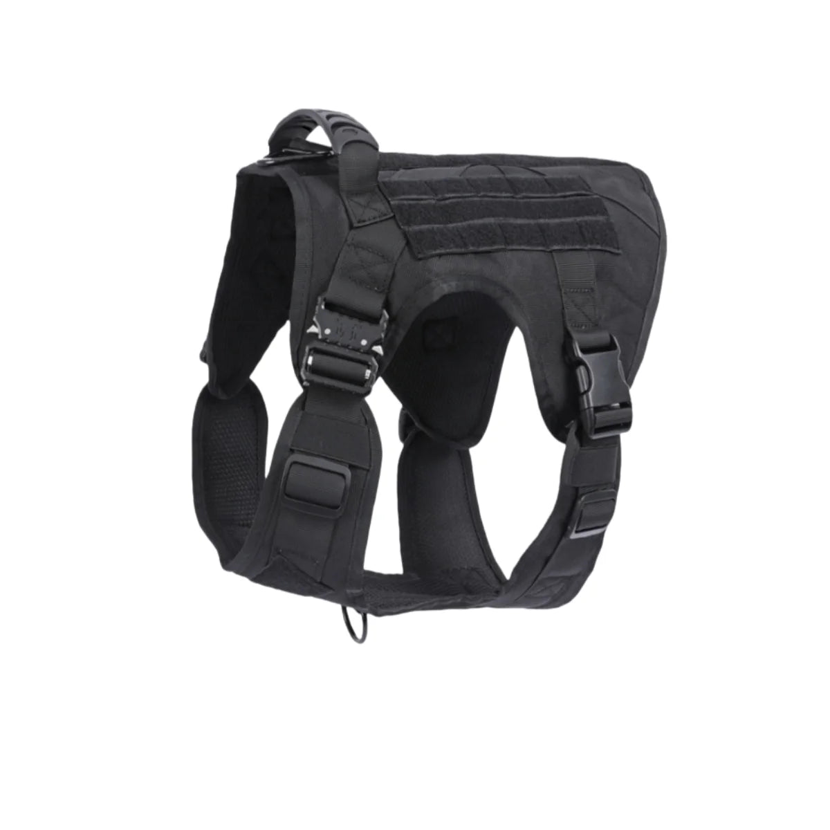 Black tactical dog harness on a white background