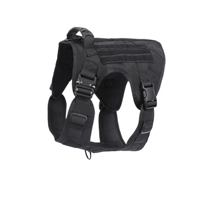 Black tactical dog harness on a white background