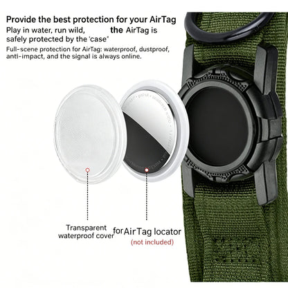 An olive green tactical watch strap with a black metal loop and a black watch face insert, shown next to diagrams of a transparent waterproof cover for an AirTag. Text on the left explains the waterproof protection for AirTags.