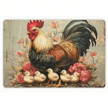 A rectangular decorative sign or plaque featuring a vintage-style illustration of a large rooster with five small chicks, surrounded by pink flowers and muted leaves on a distressed beige background.