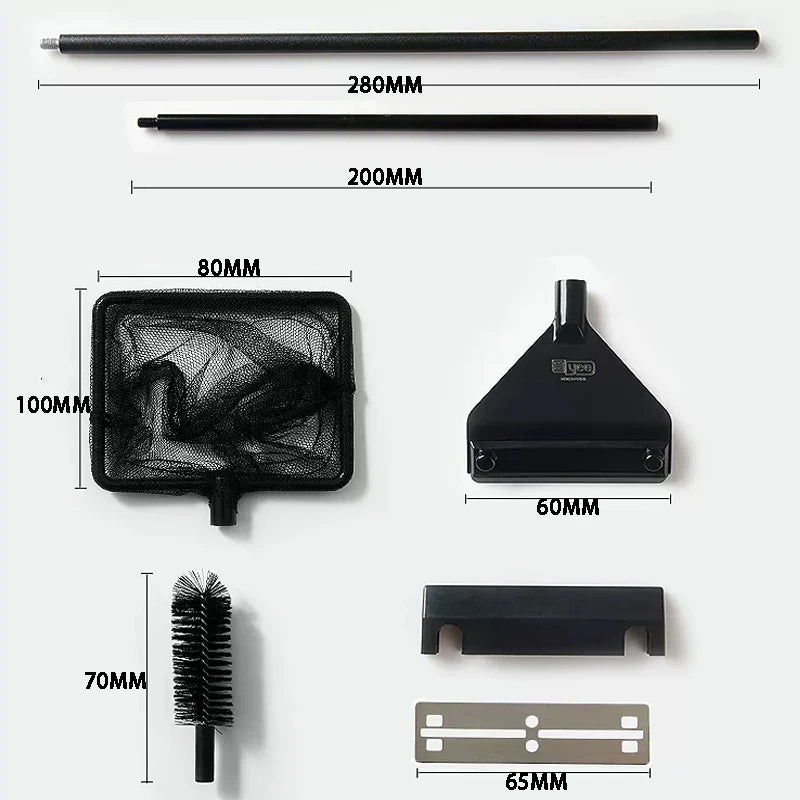Measurement chart of various pool cleaning tools on a white background