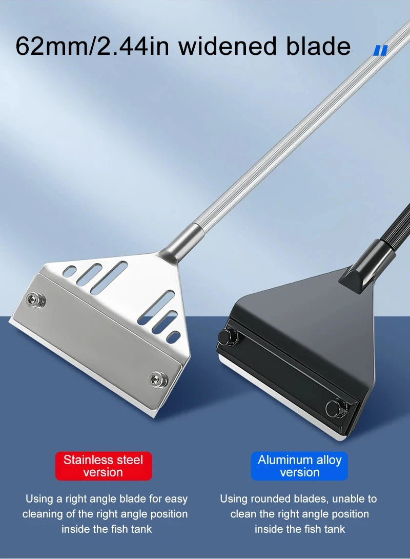 Two squeegees, one stainless steel and one aluminum alloy, on a blue background with text indicating their features.