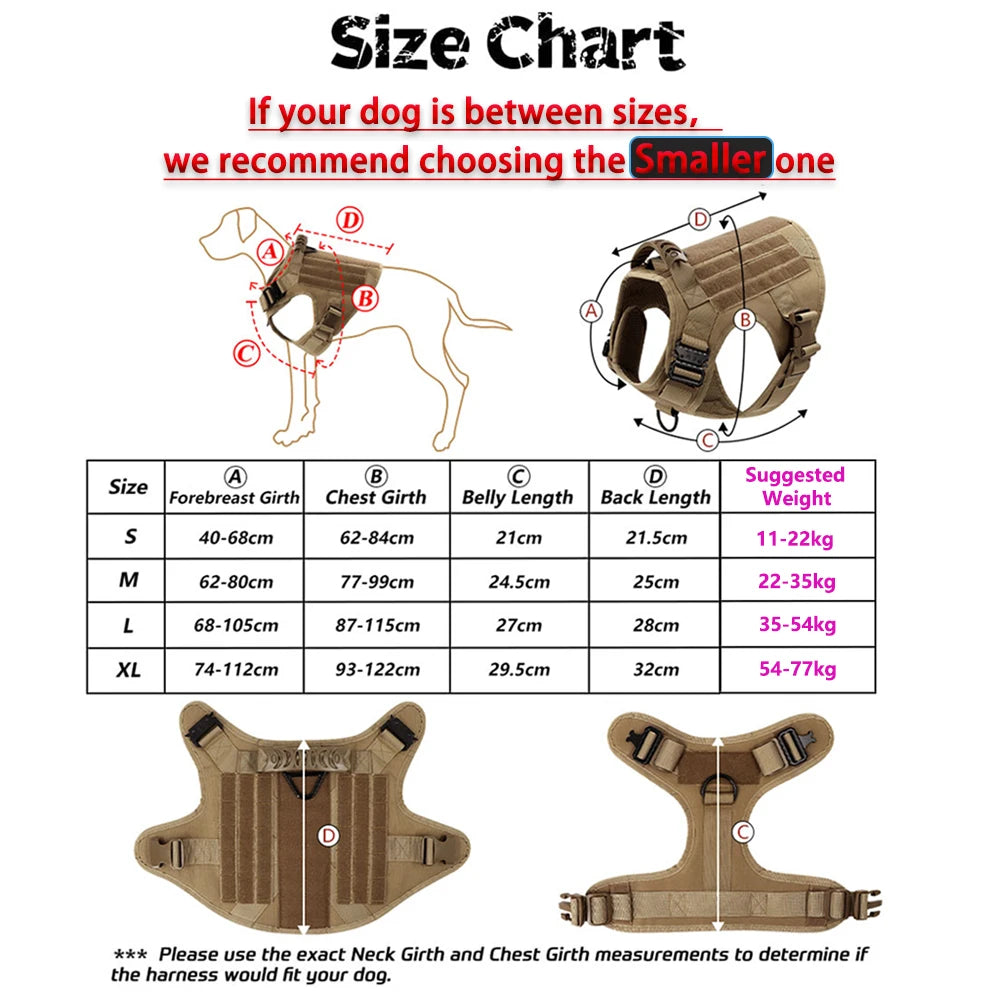Size chart for a dog harness with measurements and suggested weight ranges.