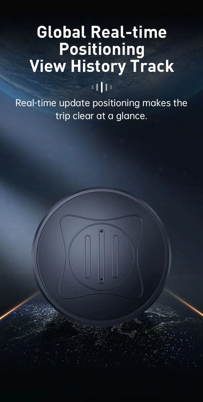 A dark round electronic tracker device shown on a dramatic dark blue and black background with promotional text at the top about global real-time positioning and view history track.