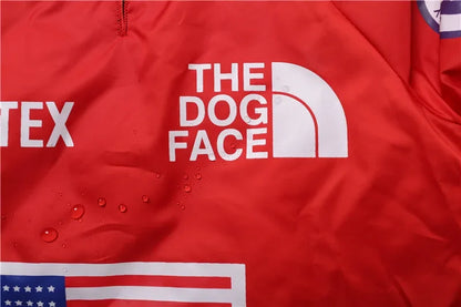 Red jacket with 'The Dog Face' logo and American flag design.